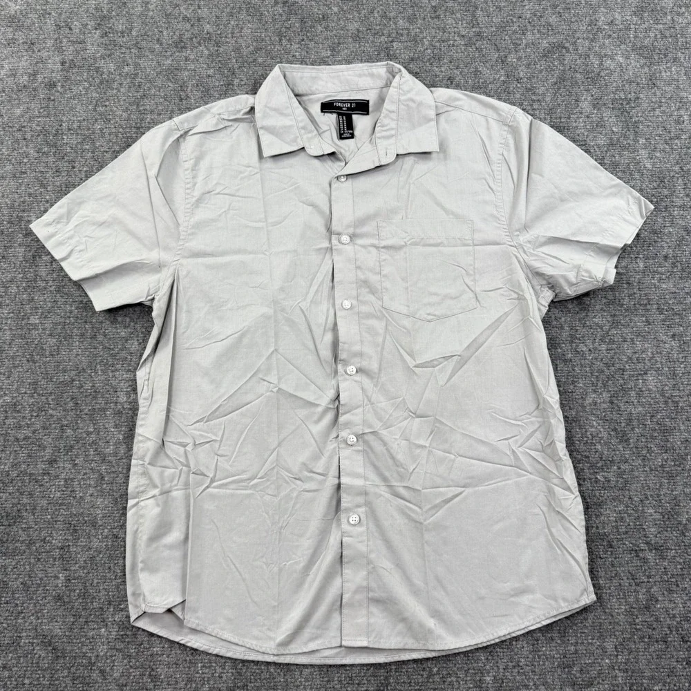 Forever 21 Button Down‎ Shirt Medium Gray Short Sleeve Cotton Blend Mens